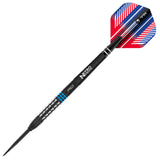 Vengeance Blue Steel Tip Darts close up image highlighting the barrel grip texture, coating, machining, and design details