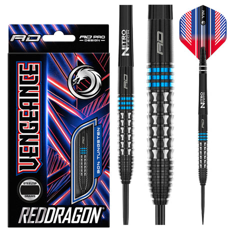 Vengeance Blue Steel Tip Darts main product image showing the darts, packaging, flights, shafts, and included accessories