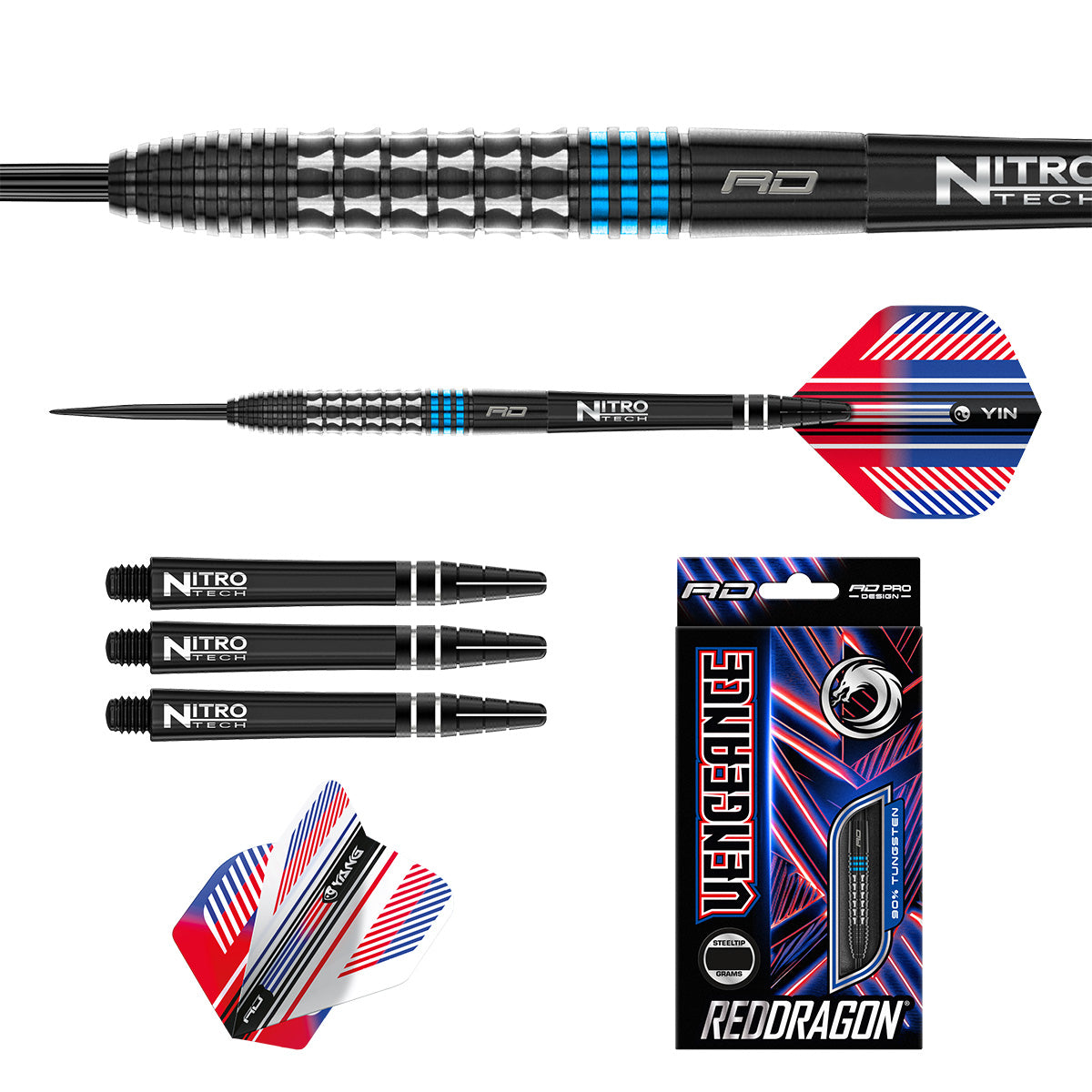 Vengeance Blue Steel Tip Darts image displaying everything included inside the box
