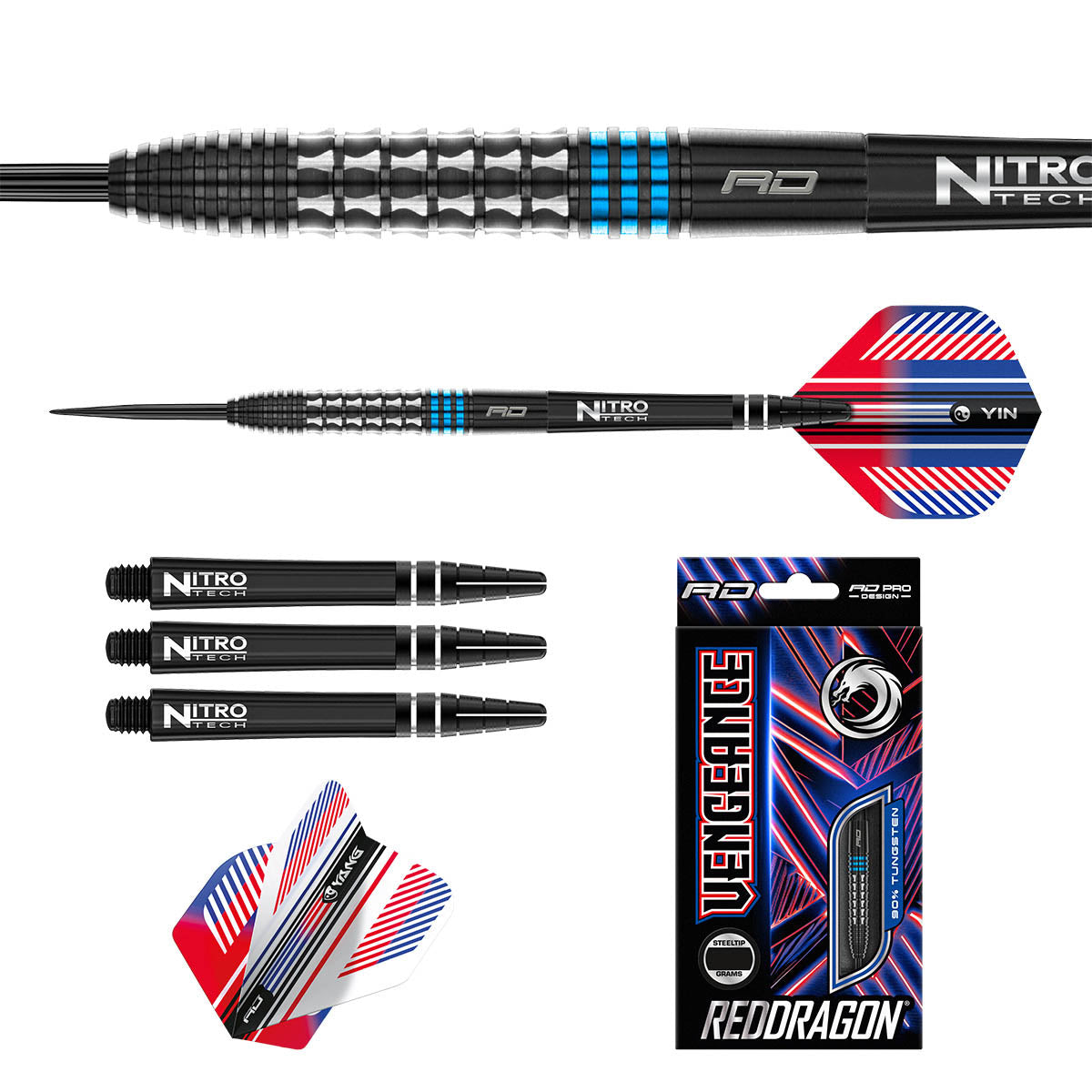 Vengeance Blue Steel Tip Darts image displaying everything included inside the box