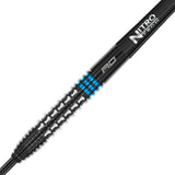 Vengeance Blue Steel Tip Darts zoomed image highlighting the barrel grip, machining, coating, and surface detail