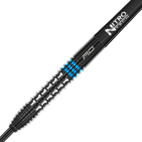 Vengeance Blue Steel Tip Darts zoomed image highlighting the barrel grip, machining, coating, and surface detail