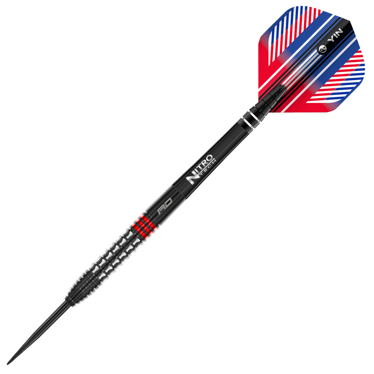 Vengeance Red Steel Tip Darts close up image highlighting the barrel grip texture, coating, machining, and design details