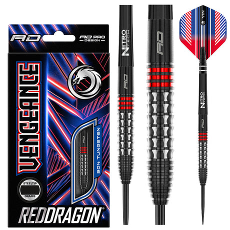 Vengeance Red Steel Tip Darts main product image showing the darts, packaging, flights, shafts, and included accessories