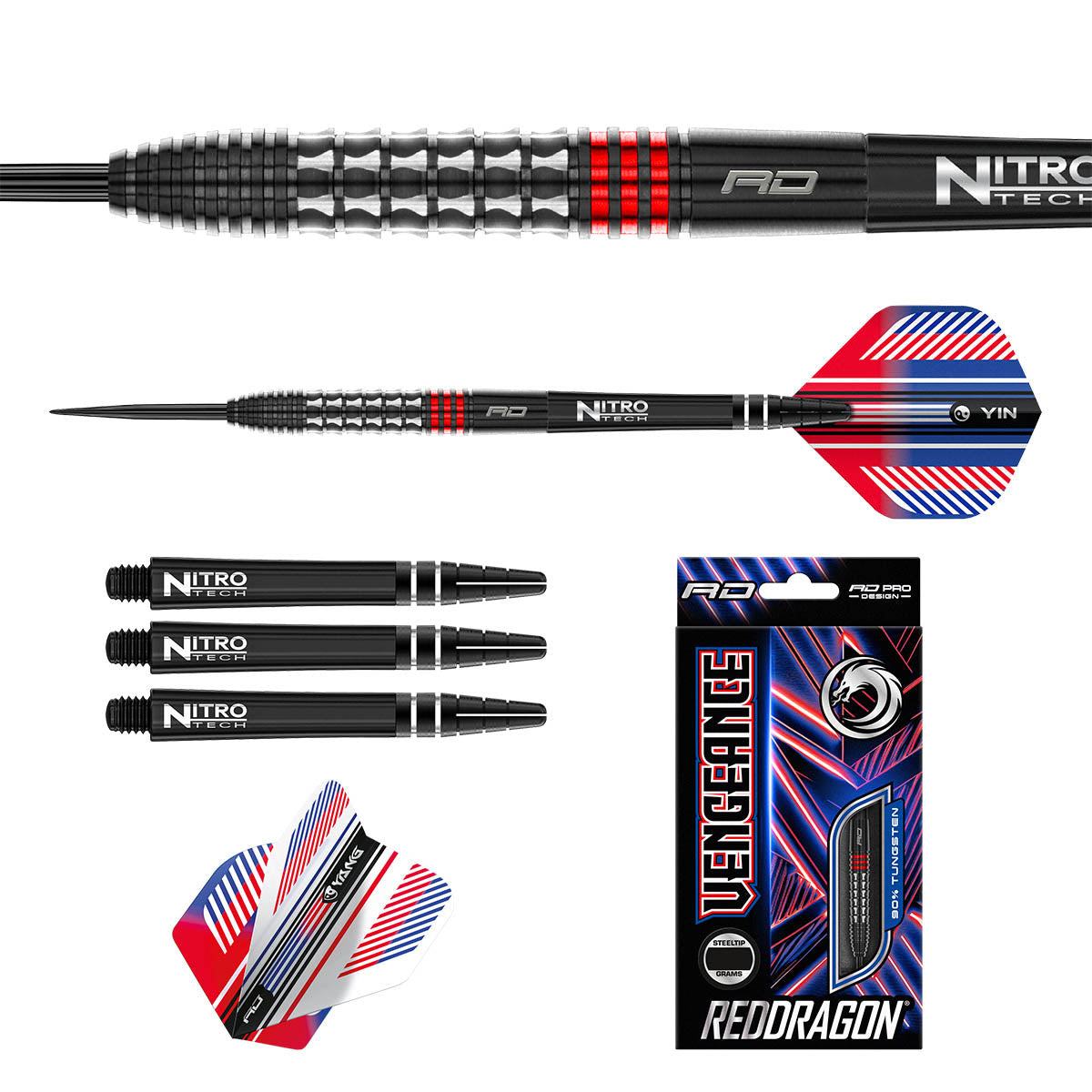 Vengeance Red Steel Tip Darts image displaying everything included inside the box