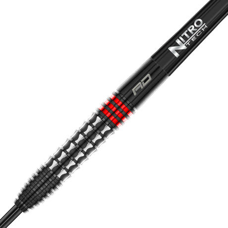 Vengeance Red Steel Tip Darts zoomed image highlighting the barrel grip, machining, coating, and surface detail