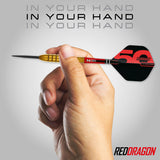 Red Dragon Virgin 5 Steel Tip Darts close up image highlighting the barrel grip texture, coating, machining, and design details