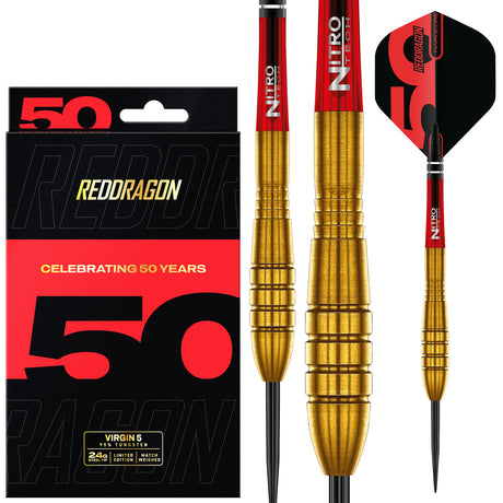 Red Dragon Virgin 5 Steel Tip Darts main product image showing the darts, packaging, flights, shafts, and included accessories