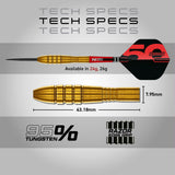 Red Dragon Virgin 5 Steel Tip Darts specifications image showing barrel dimensions, weight, and technical details