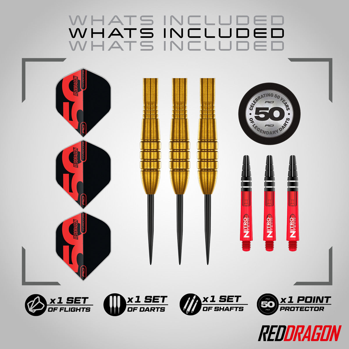 Red Dragon Virgin 5 Steel Tip Darts image displaying everything included inside the box