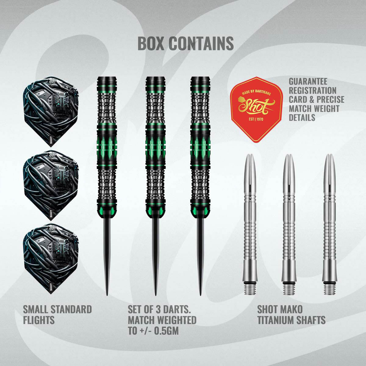 AI Cyberpunk Steel Tip Darts contents image displaying everything included inside the package