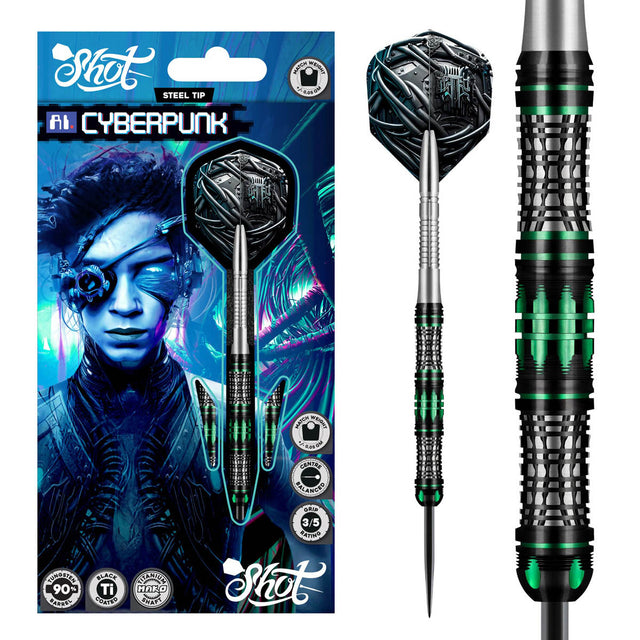 AI Cyberpunk Steel Tip Darts main product image showing the darts, packaging, flights, shafts, and included accessories
