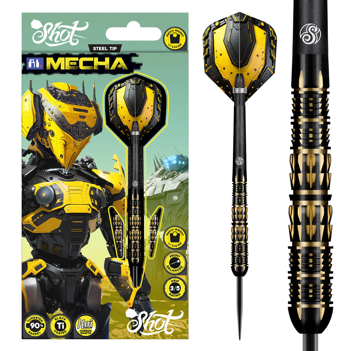 AI Mecha Steel Tip Darts main product image showing the darts, packaging, flights, shafts, and included accessories