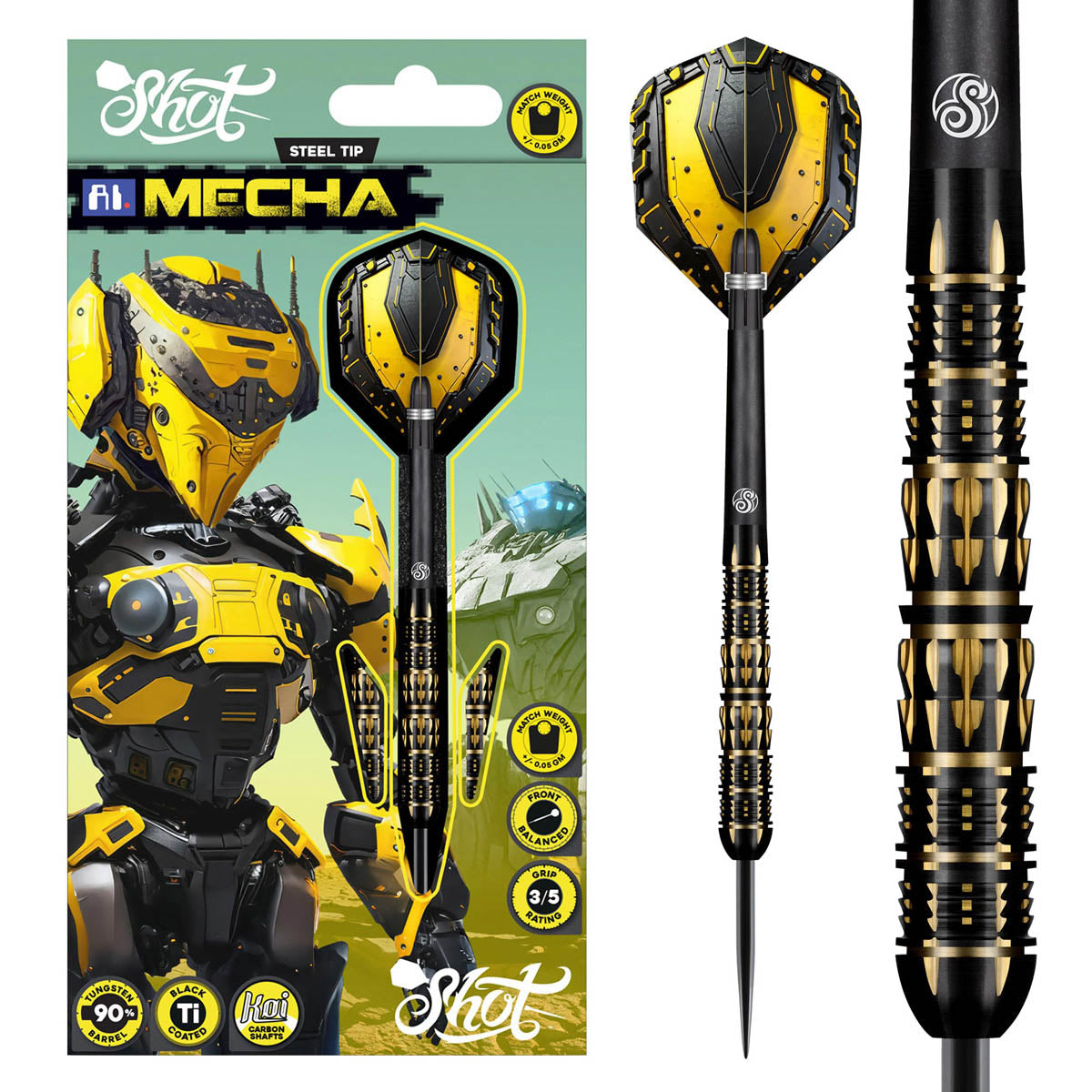 AI Mecha Steel Tip Darts main product image showing the darts, packaging, flights, shafts, and included accessories