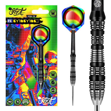 AI Mimic Steel Tip Darts main product image showing the darts, packaging, flights, shafts, and included accessories