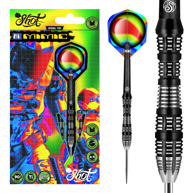 AI Mimic Steel Tip Darts main product image showing the darts, packaging, flights, shafts, and included accessories