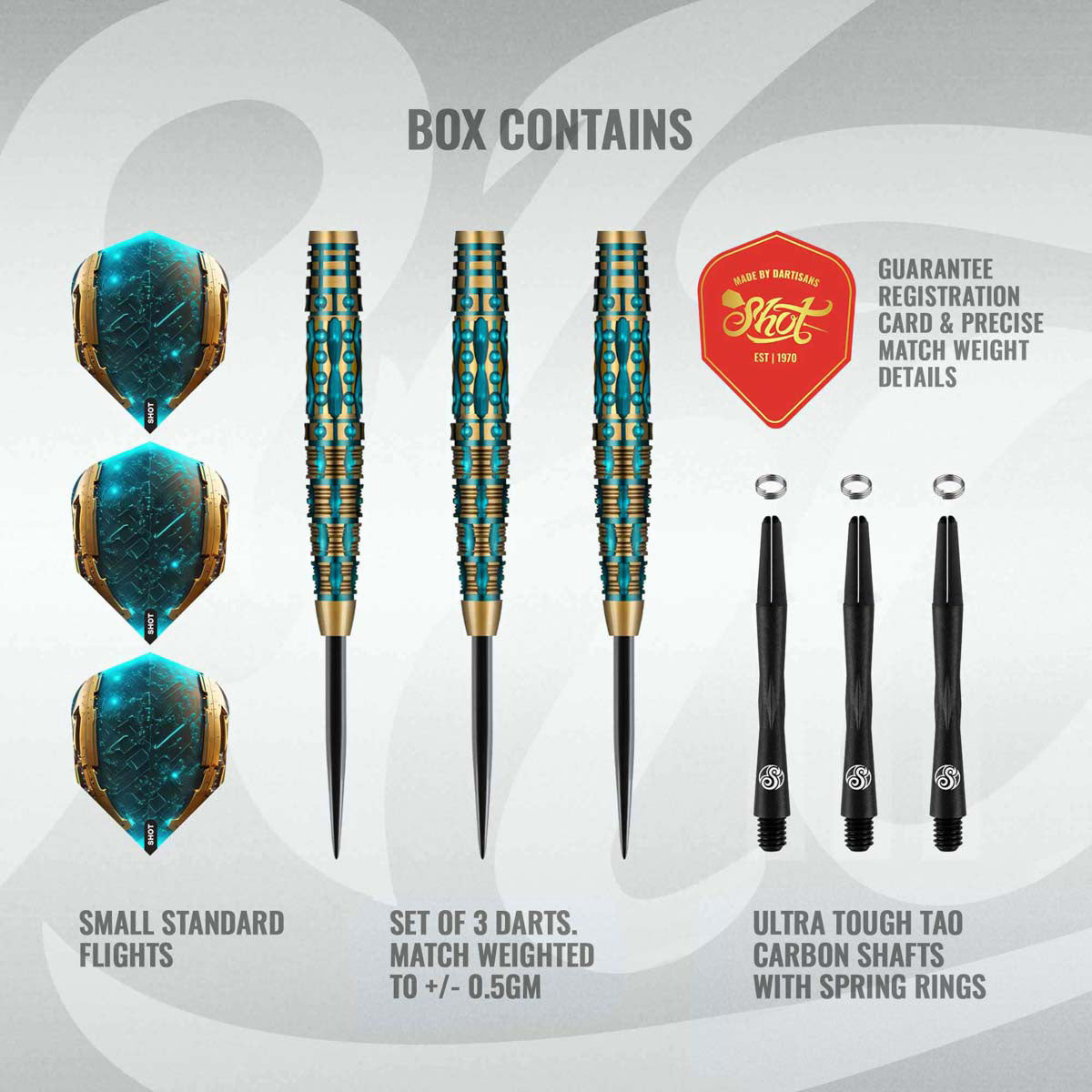 AI Replicant Steel Tip Darts contents image displaying everything included inside the package
