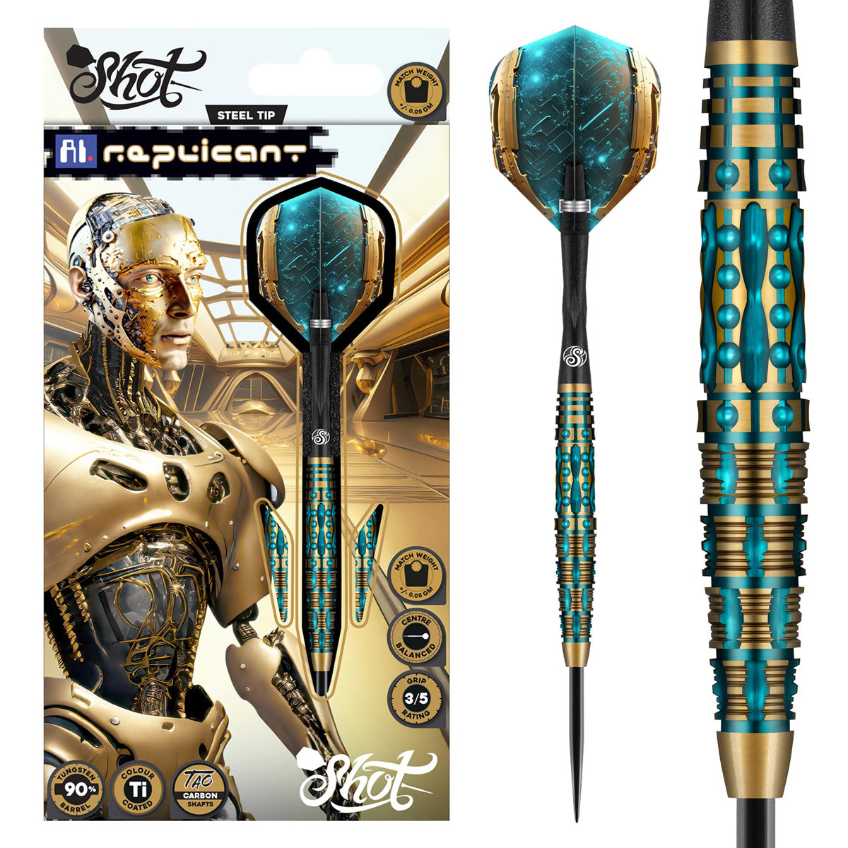 AI Replicant Steel Tip Darts main product image showing the darts, packaging, flights, shafts, and included accessories