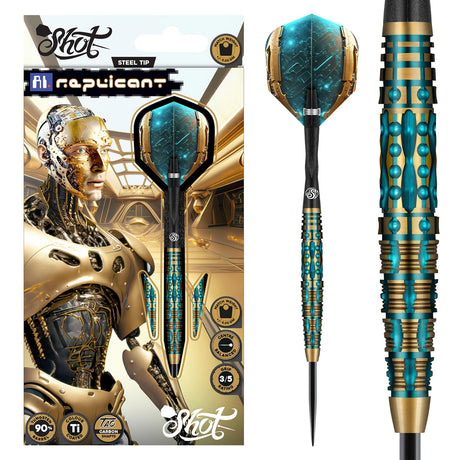 AI Replicant Steel Tip Darts main product image showing the darts, packaging, flights, shafts, and included accessories