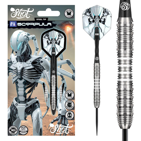 AI Scorpula Steel Tip Darts main product image showing the darts, packaging, flights, shafts, and included accessories