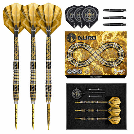 Alchemy Auro Steel Tip Darts main product image showing the darts, packaging, flights, shafts, and included accessories