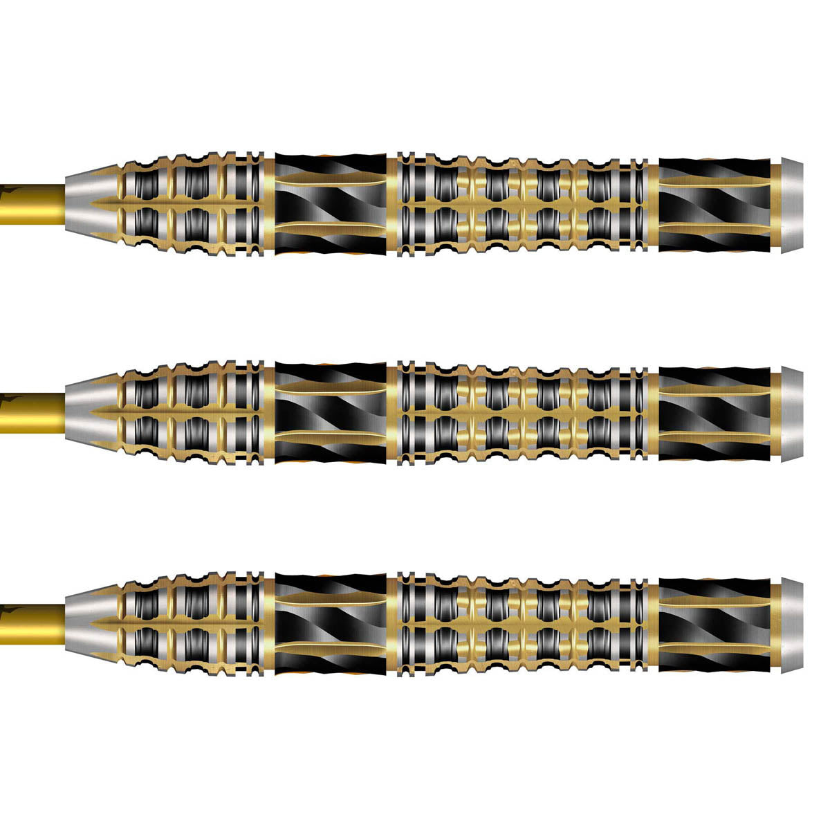 Alchemy Auro Steel Tip Darts close up image showing detailed grip patterns, machining, coating, and precision craftsmanship