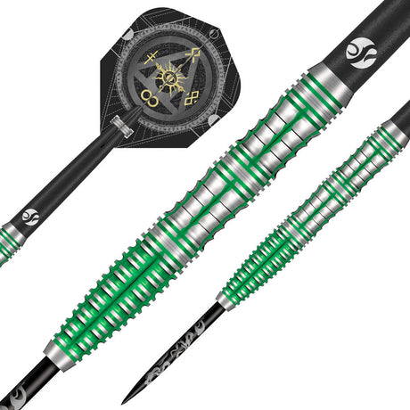 Alchemy Mythril Steel Tip Darts dynamic product image highlighting the full dart setup and barrel design