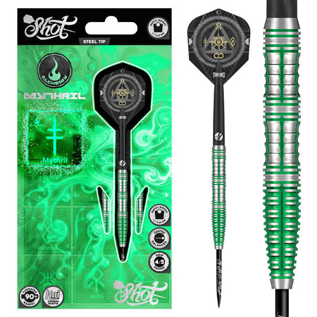 Alchemy Mythril Steel Tip Darts main product image showing the darts, packaging, flights, shafts, and included accessories