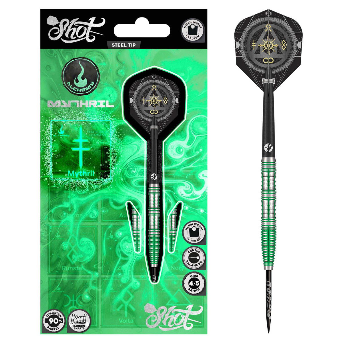 Alchemy Mythril Steel Tip Darts packaging exterior image showing the outer box artwork, branding, and presentation design