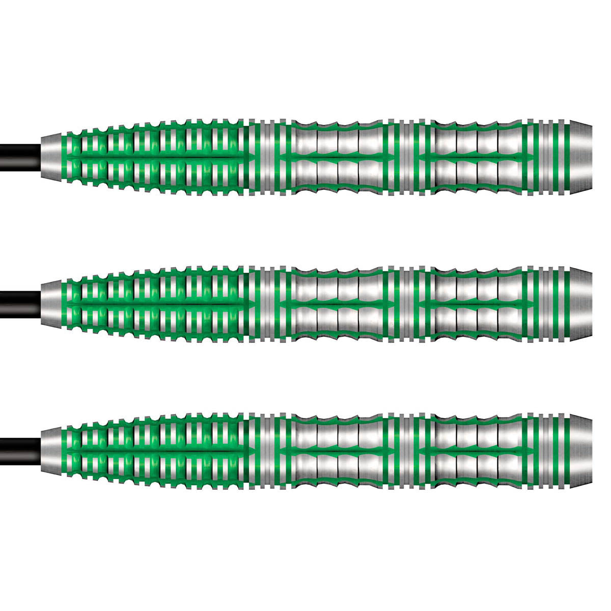 Alchemy Mythril Steel Tip Darts close up image showing detailed grip patterns, machining, coating, and precision craftsmanship