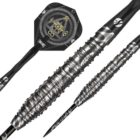 Alchemy Runstel Steel Tip Darts dynamic product image highlighting the full dart setup and barrel design