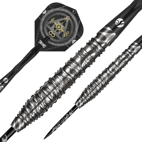 Alchemy Runstel Steel Tip Darts dynamic product image highlighting the full dart setup and barrel design