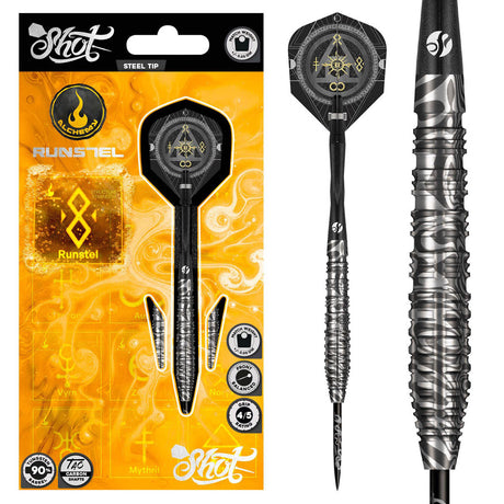 Alchemy Runstel Steel Tip Darts main product image showing the darts, packaging, flights, shafts, and included accessories