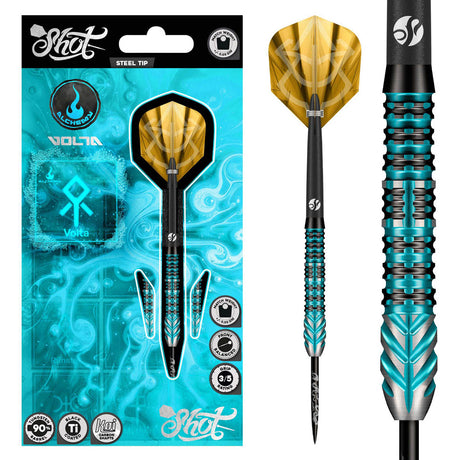 Alchemy Volta Steel Tip Darts main product image showing the darts, packaging, flights, shafts, and included accessories