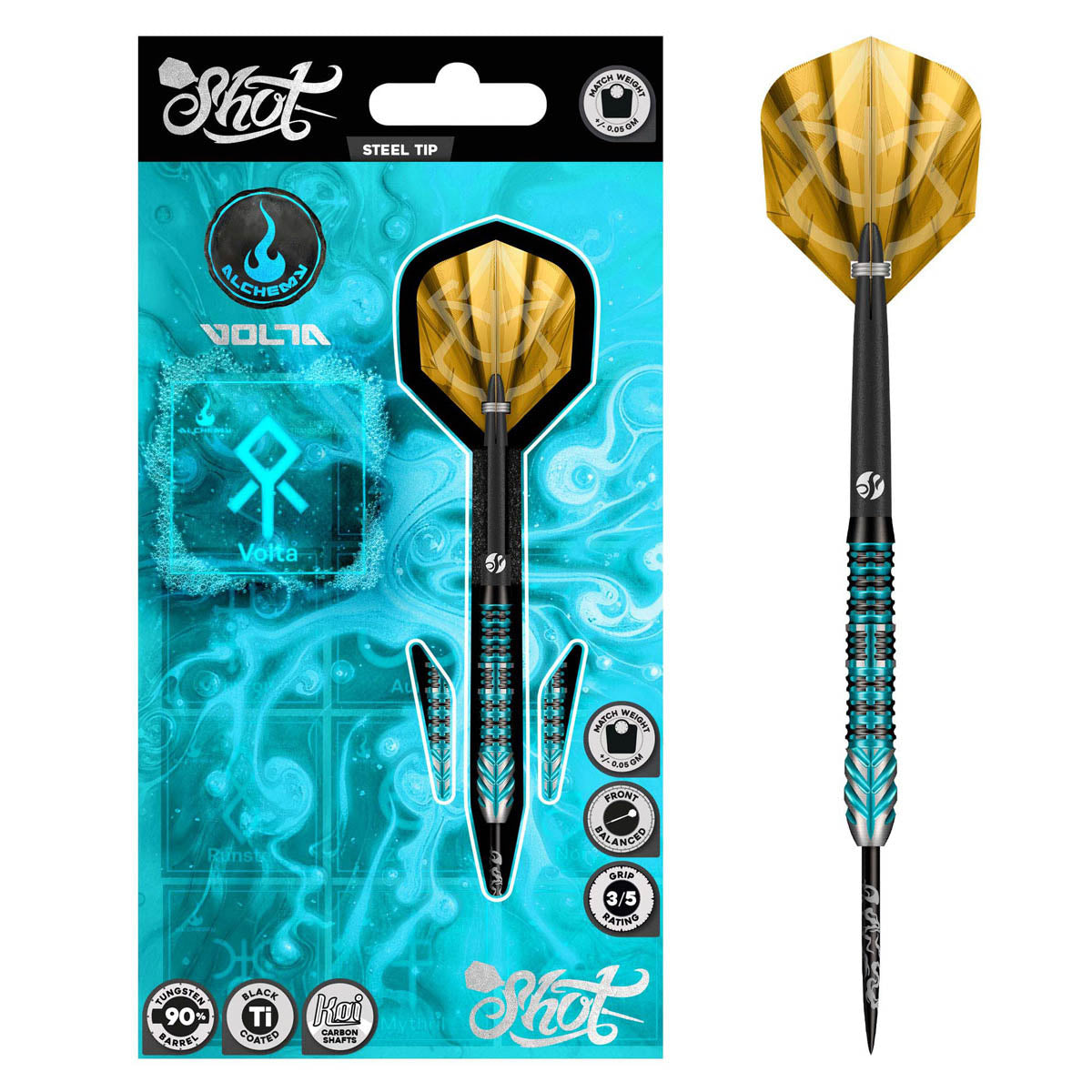 Alchemy Volta Steel Tip Darts packaging exterior image showing the outer box artwork, branding, and presentation design