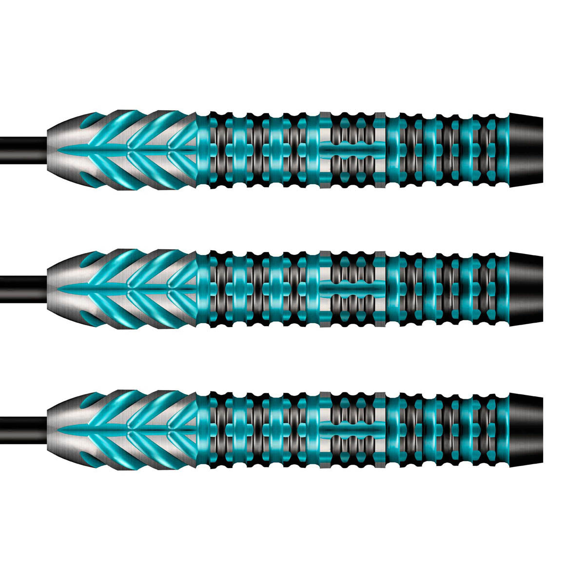 Alchemy Volta Steel Tip Darts close up image showing detailed grip patterns, machining, coating, and precision craftsmanship