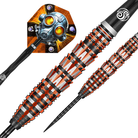 Badlands Rustin Steel Tip Darts dynamic product image highlighting the full dart setup and barrel design