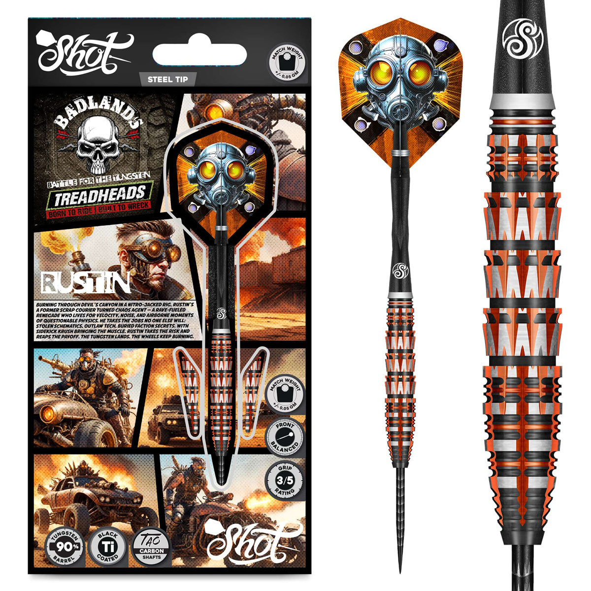 Badlands Rustin Steel Tip Darts main product image showing the darts, packaging, flights, shafts, and included accessories
