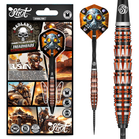 Badlands Rustin Steel Tip Darts main product image showing the darts, packaging, flights, shafts, and included accessories