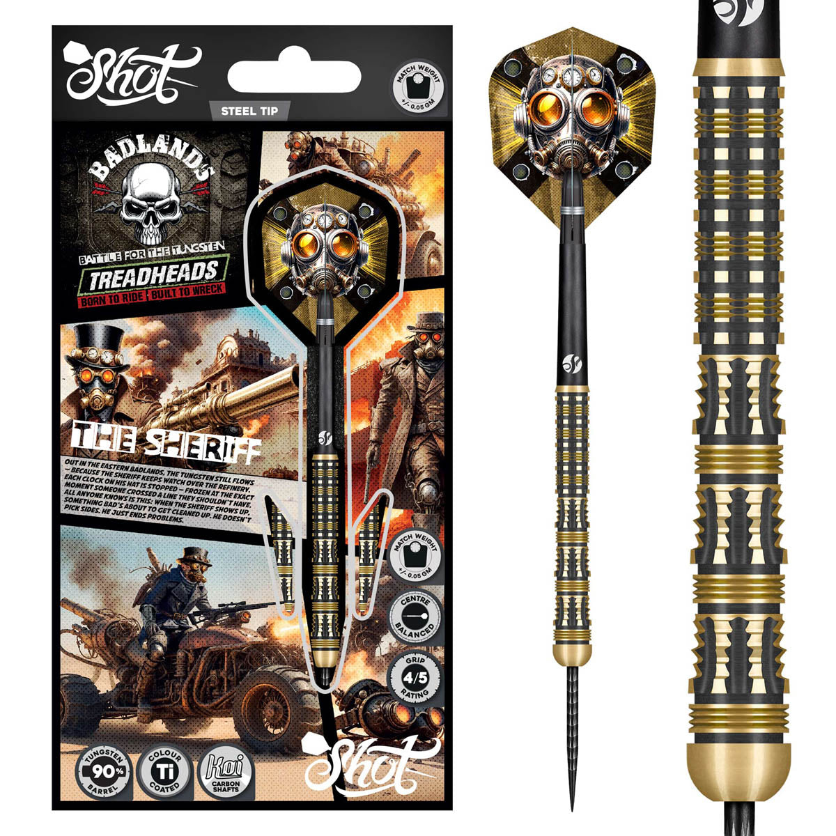 Badlands The Sheriff Steel Tip Darts main product image showing the darts, packaging, flights, shafts, and included accessories