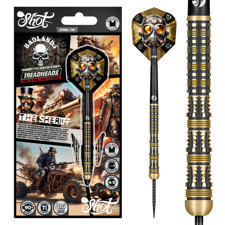 Badlands The Sheriff Steel Tip Darts main product image showing the darts, packaging, flights, shafts, and included accessories
