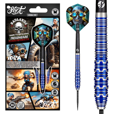 Badlands Tova Steel Tip Darts main product image showing the darts, packaging, flights, shafts, and included accessories