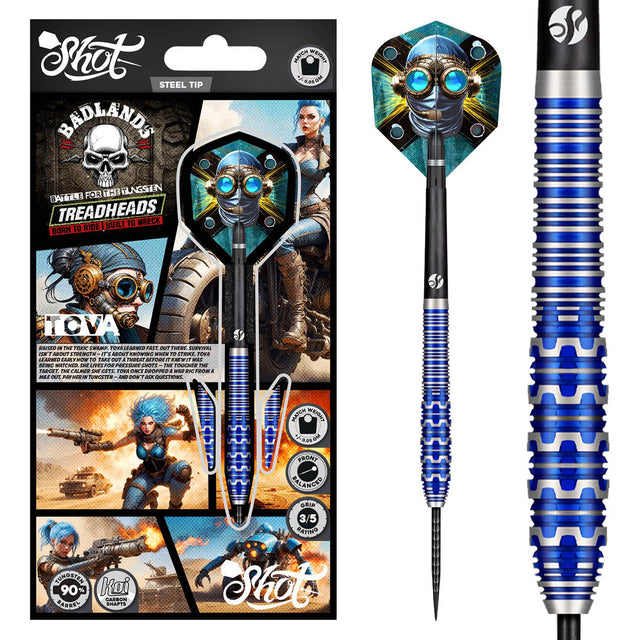 Badlands Tova Steel Tip Darts main product image showing the darts, packaging, flights, shafts, and included accessories