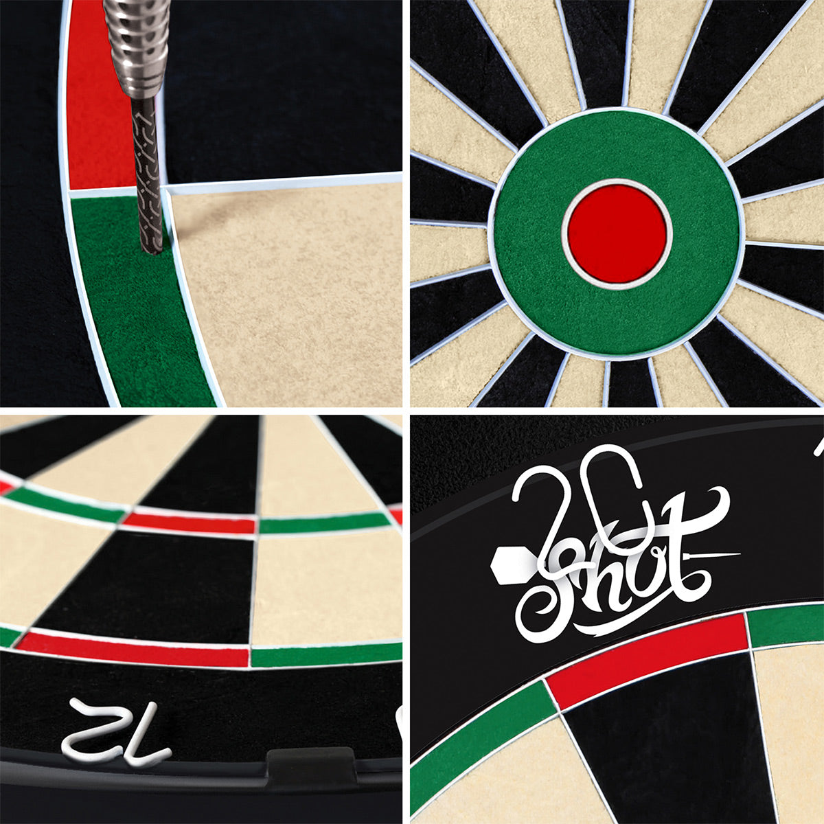 Shot Bandit Bristle Dartboard image highlighting the key features of the dartboard that makes this different from the rest