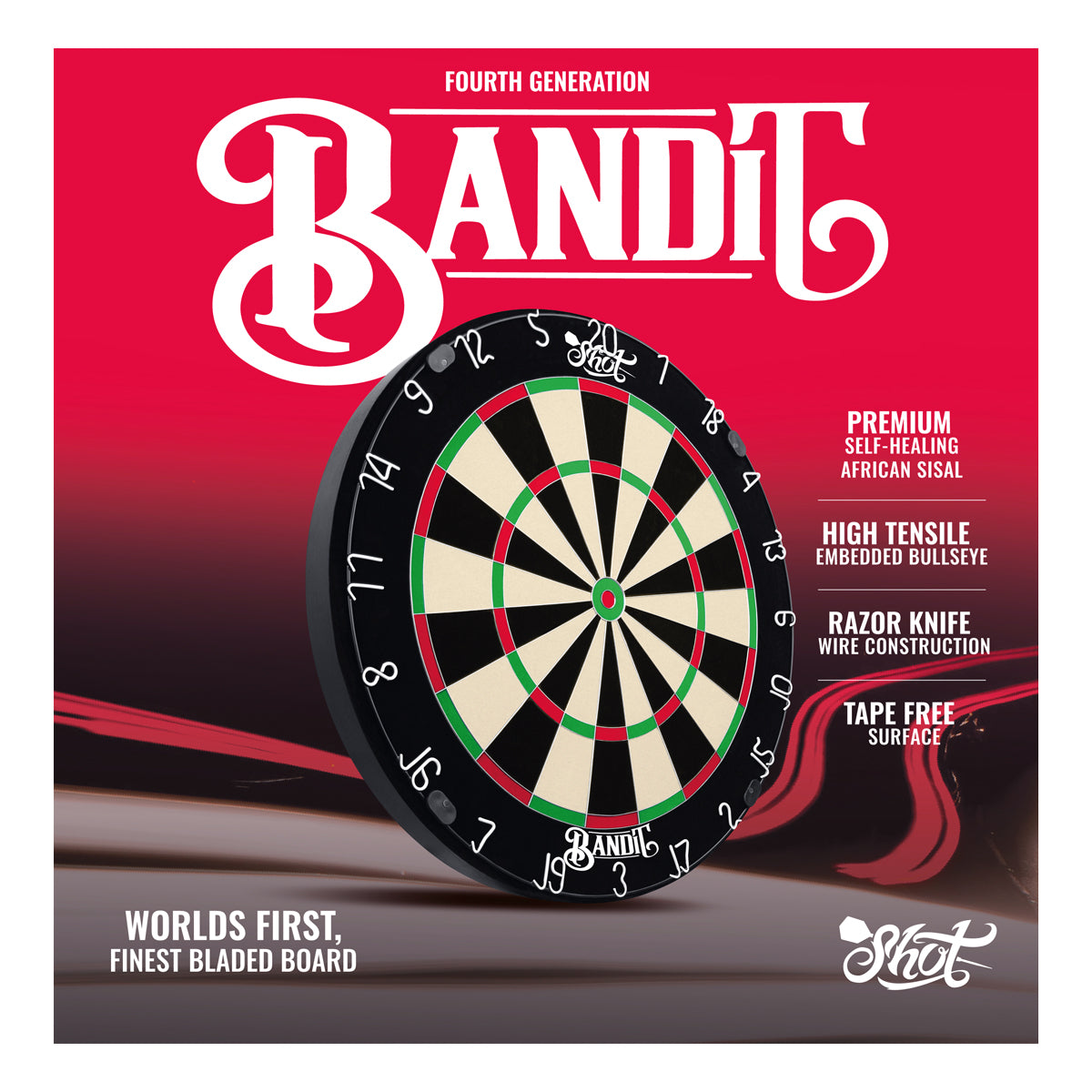 Shot Bandit Bristle Dartboard outer box image showing the retail packaging and branding