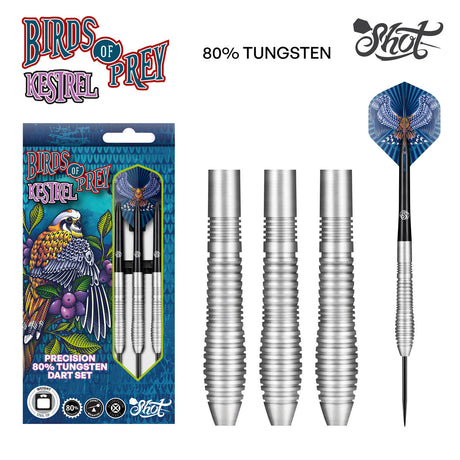 Birds of Prey Kestrel Steel Tip Darts main product image showing the darts, packaging, flights, shafts, and included accessories