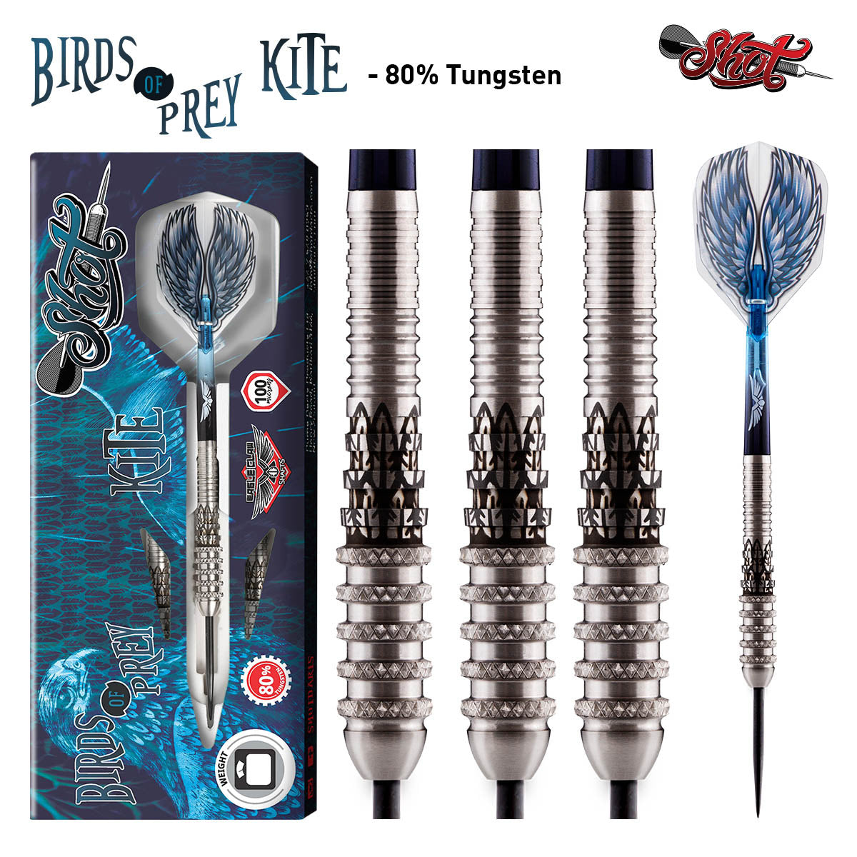 Birds of Prey Kite Steel Tip Darts main product image showing the darts, packaging, flights, shafts, and included accessories