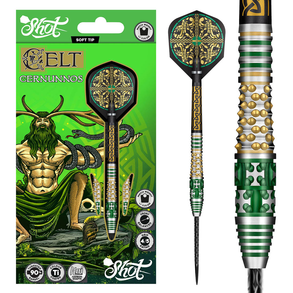 Celt Cernunnos Steel Tip Darts main product image showing the darts, packaging, flights, shafts, and included accessories