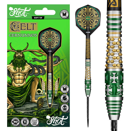 Celt Cernunnos Steel Tip Darts main product image showing the darts, packaging, flights, shafts, and included accessories