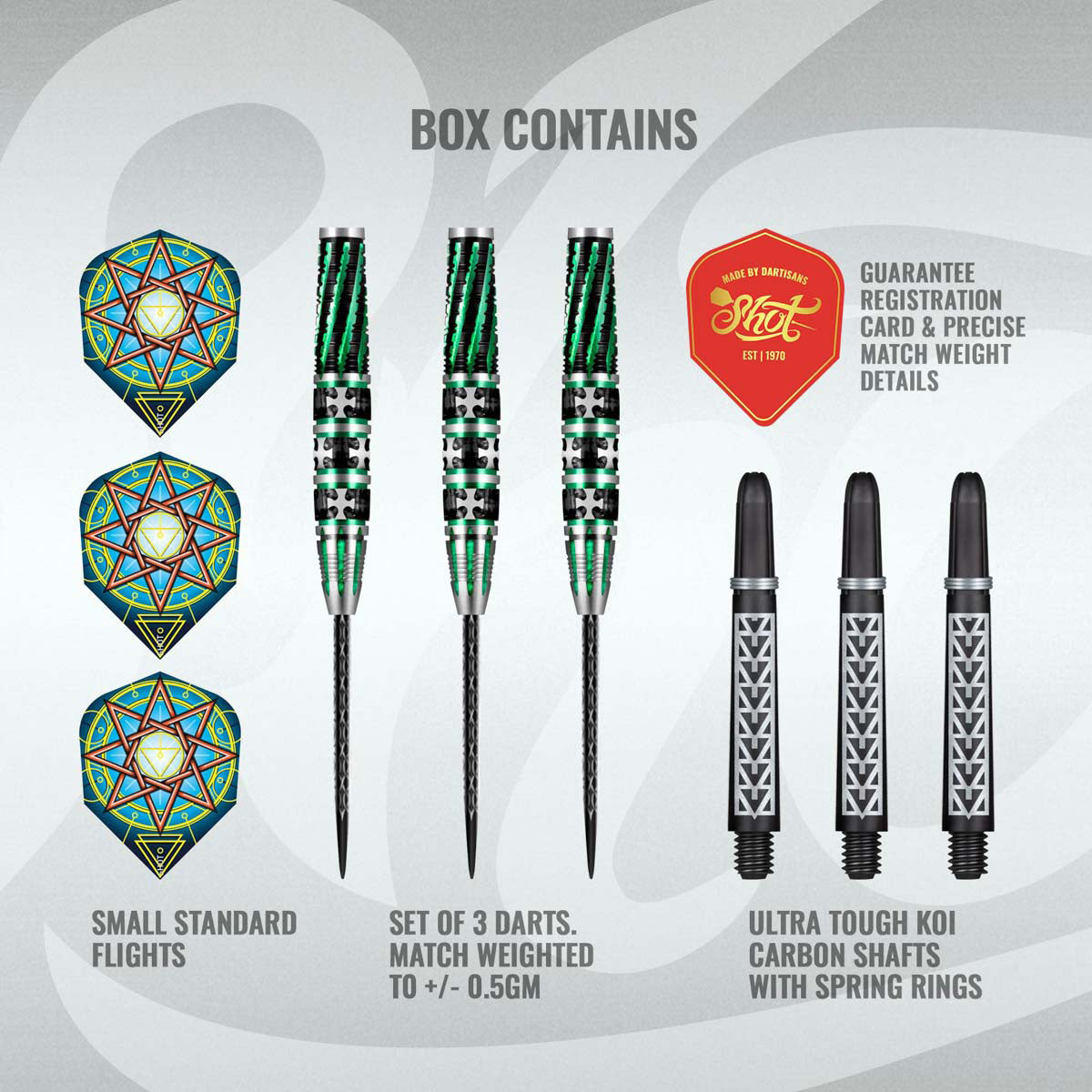 Celt Druid Steel Tip Darts contents image displaying everything included inside the package